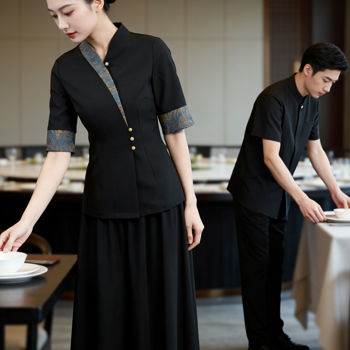 新中式餐饮制服高端酒店饭店茶楼服务员工装中餐厅服务员服装夏