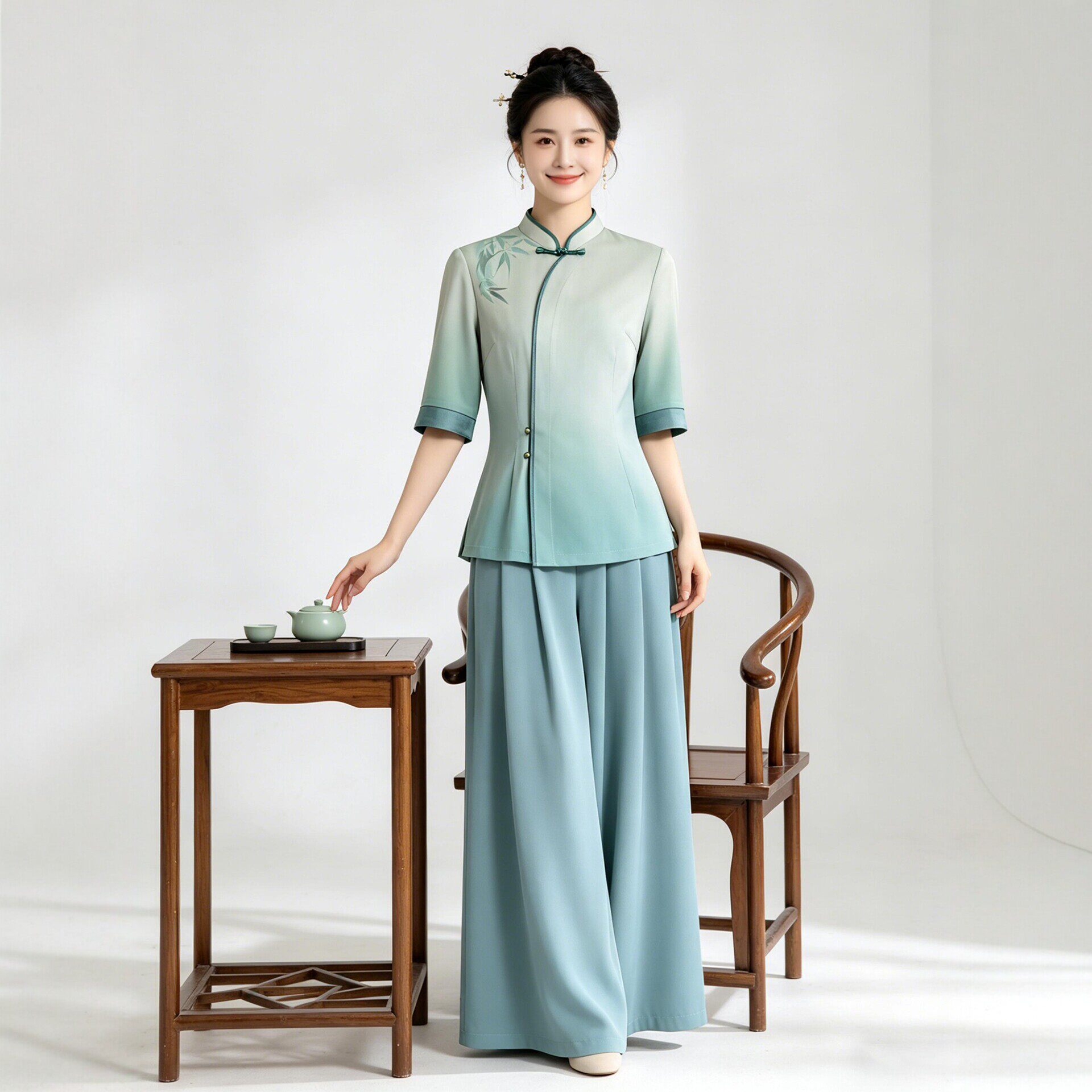 新中式服务员工作服高端茶楼饭厅禅意服装女夏季酒店养生会所工装