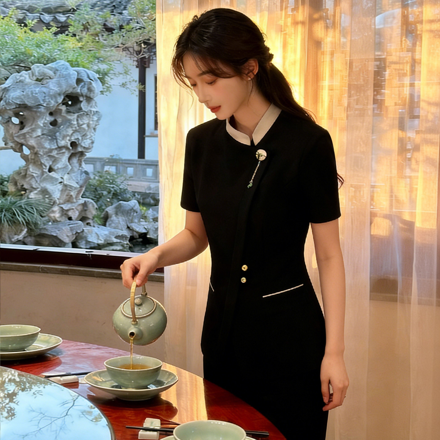 高端酒店服务员工作服短袖新中式餐饮高档餐厅火锅饭店私房菜春夏
