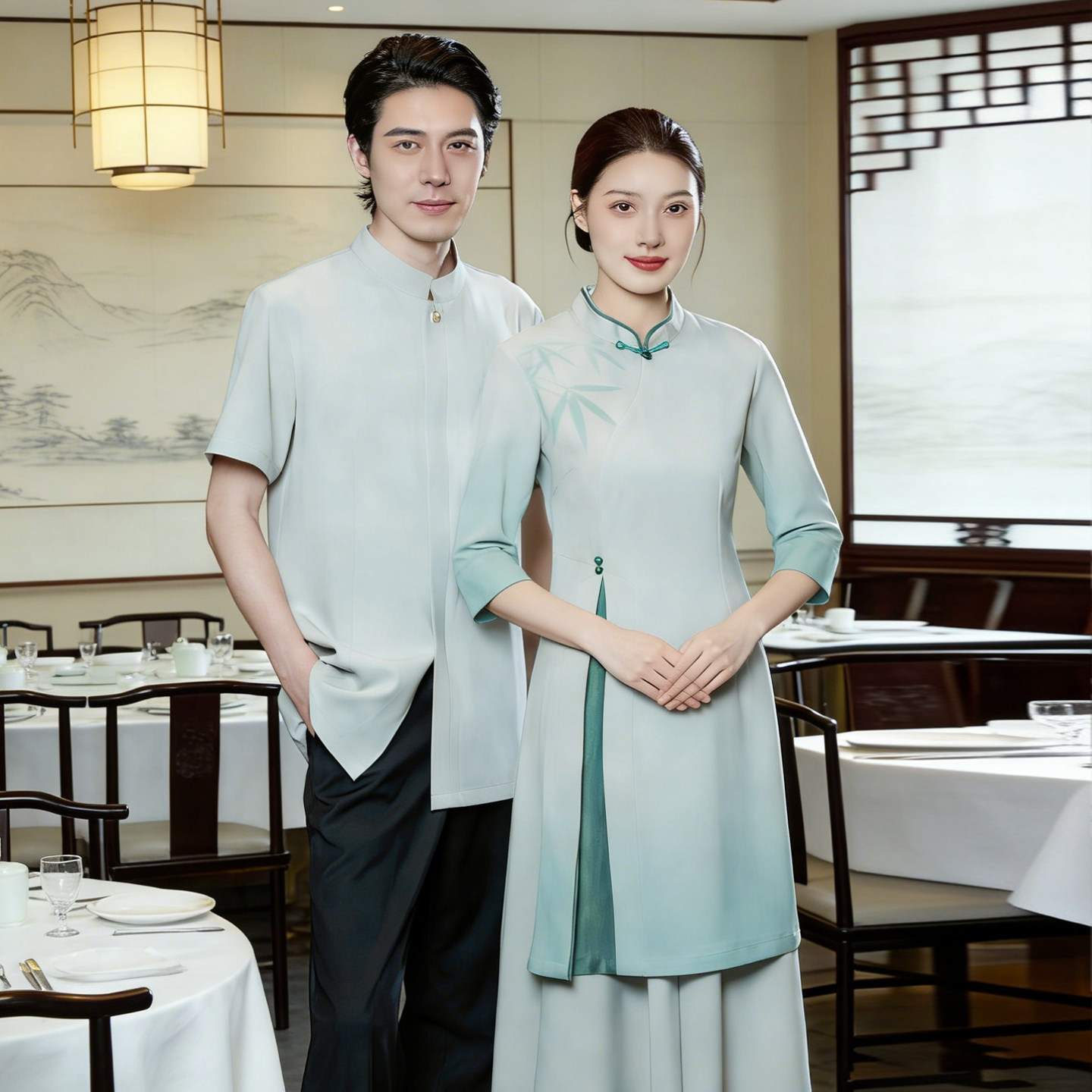 餐饮服务员工作服新中式饭厅茶楼酒店前厅接待中国风夏季短袖服装