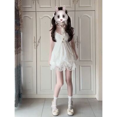 水色梦  春季爆款古着花苞裙法式甜美气质蕾丝拼接吊带裙短裙