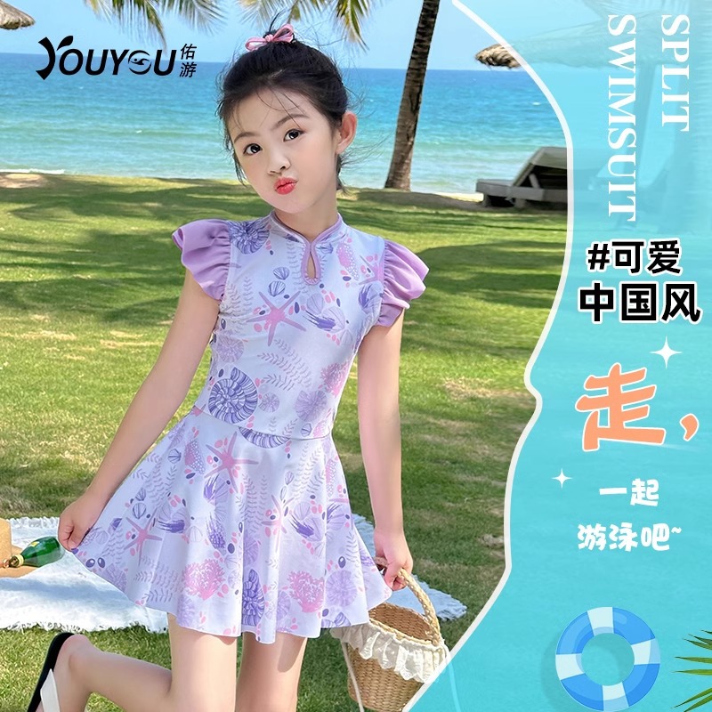 儿童泳衣连体女童泳装中国风可爱新中式时尚中大童女孩专业游泳衣