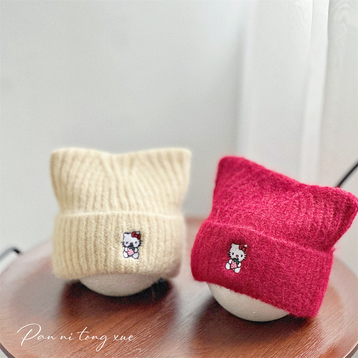 可爱小猫猫耳毛线帽女秋冬kt刺绣保暖百搭针织帽卡通冷帽防风帽子