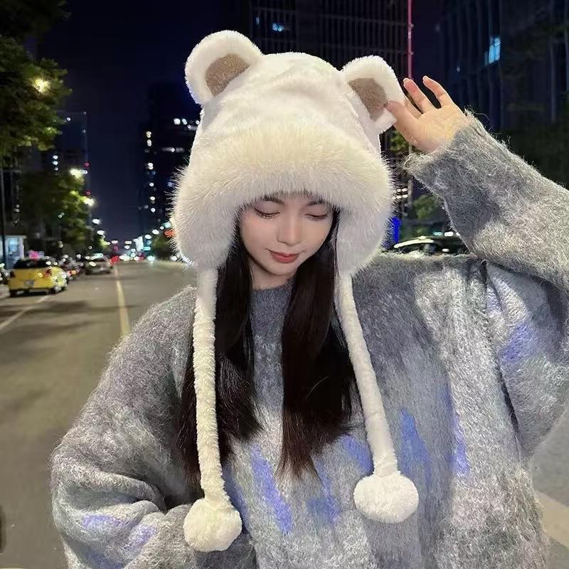 毛绒帽子帽百搭围秋冬成人系带可爱加厚小熊帽子骑车大头护耳毛球