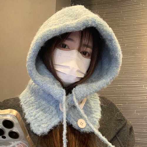 羊毛保暖巴拉克拉法帽秋冬帽子围脖一体显脸小毛绒针织帽可爱百搭