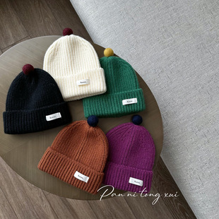 韩系~ins小毛球儿童针织帽秋冬洋气宝宝毛线帽保暖护耳套头帽子