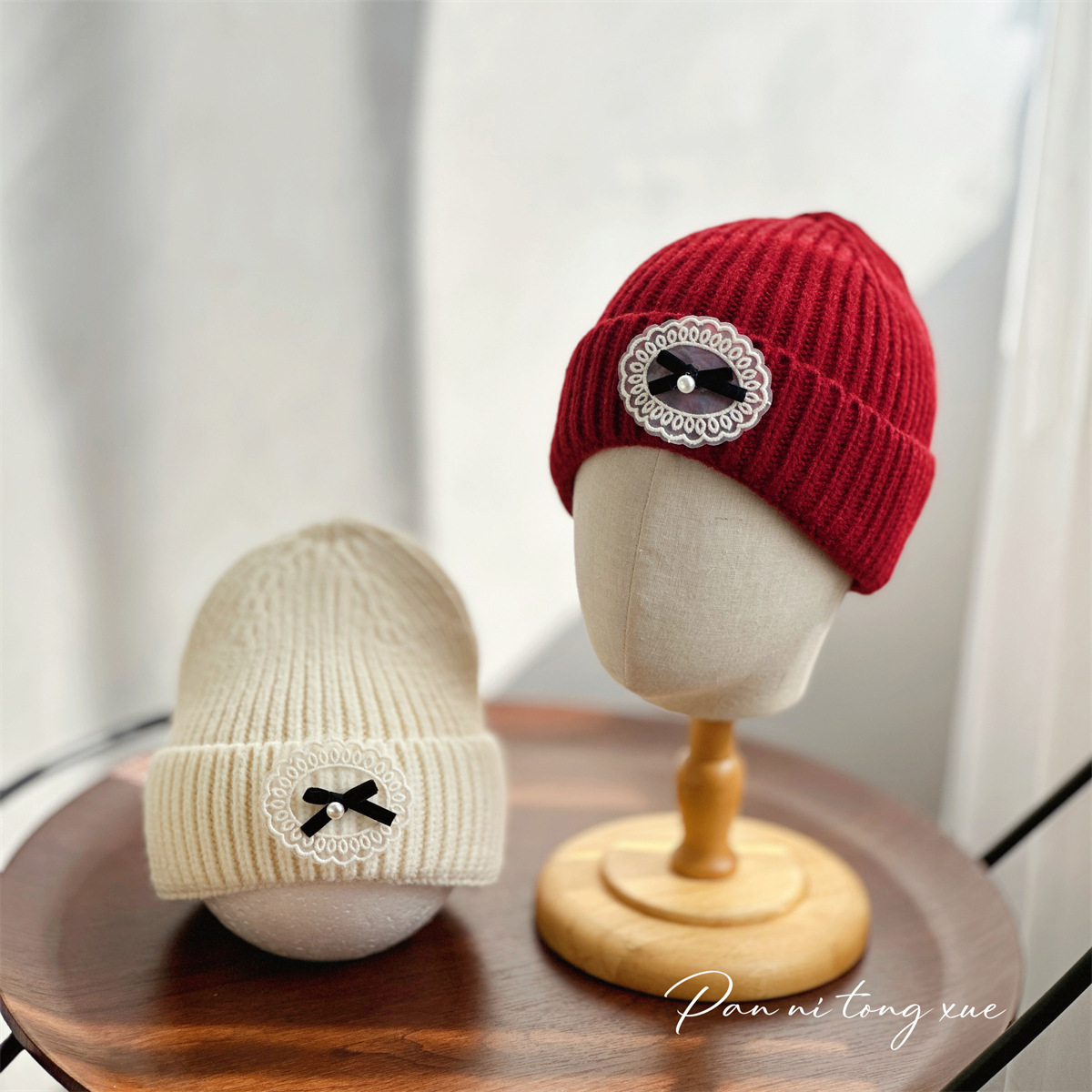 儿童帽子秋冬季洋气蕾丝蝴蝶结保暖毛线帽女生护耳针织套头帽冷帽