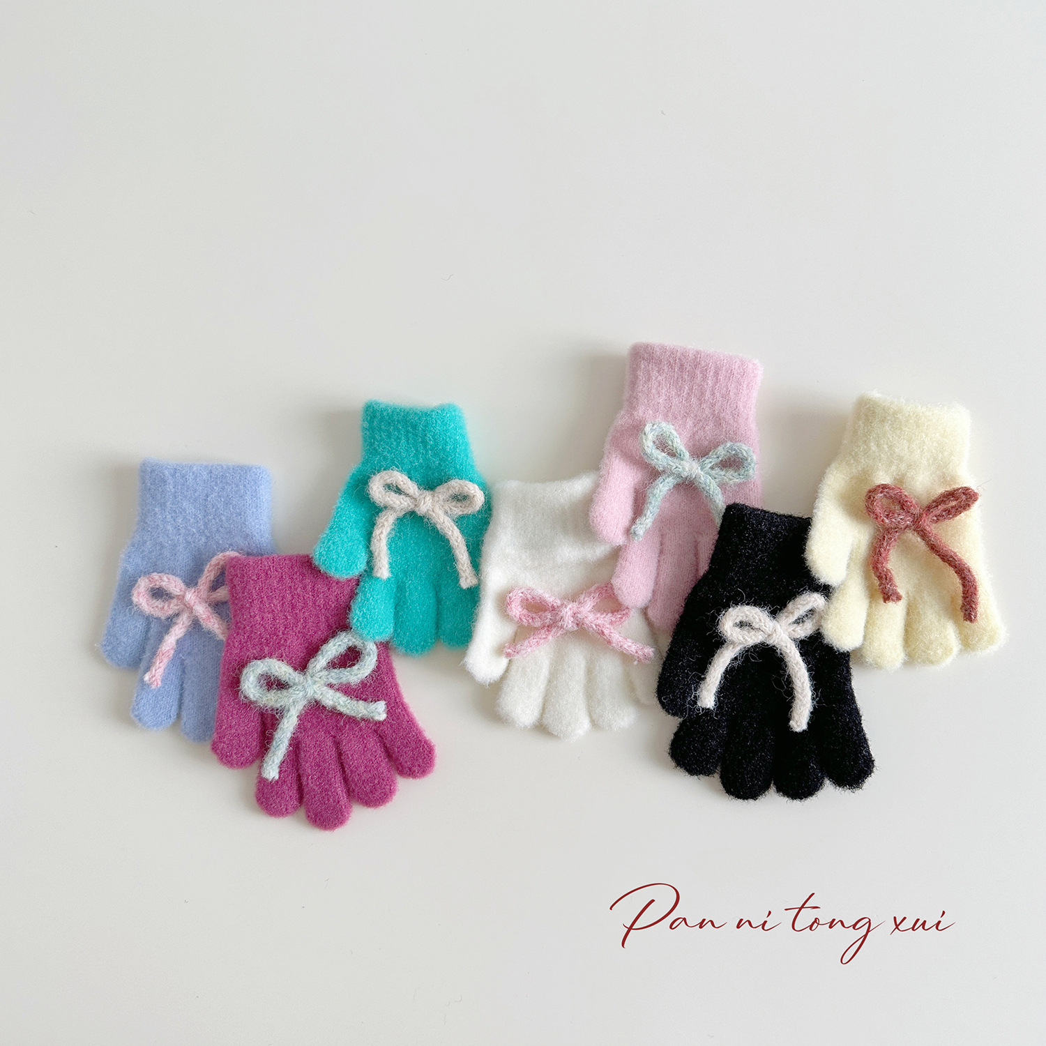 儿童韩版蝴蝶结手套毛绒可爱保暖针织五指手套超仙分指手套