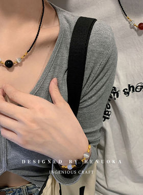 红玛瑙珠情侣编织绳项链女小众设计高级感锁骨链吊坠轻奢简约颈链