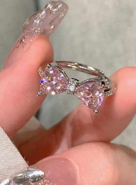 戒指女粉钻蝴蝶结戒指女小众锆石素圈戒指开口食指指环