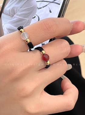 简约相思红豆红玛铜钱编织戒指女ins潮小众设计情侣闺蜜尾戒指环