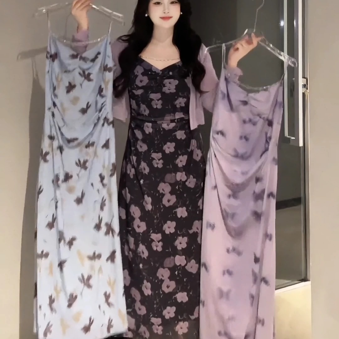 纯欲风收腰碎花吊带裙套装女