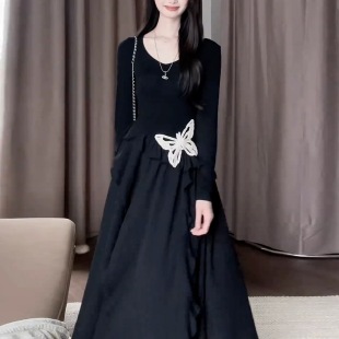 赫本风气质黑色长袖 小个子不规则收腰长裙 连衣裙子女2025早秋新款