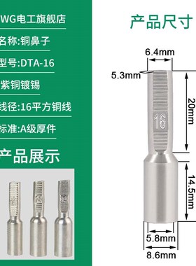 铜鼻子接线端子DTA-10/16/25/35平方铜线鼻子C45铜插针电表插针