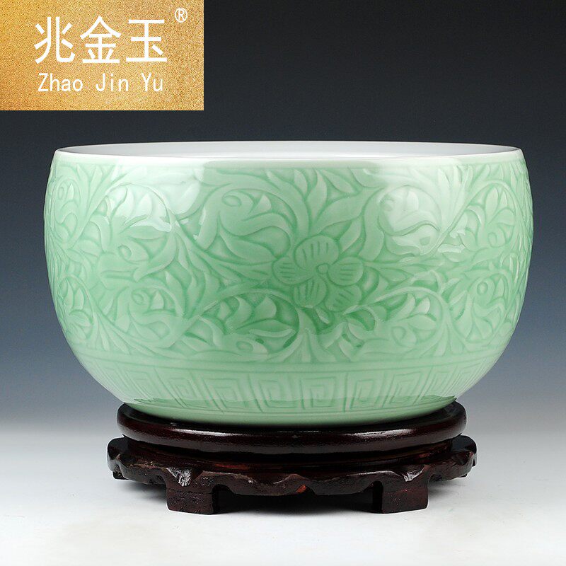 景德镇陶瓷器 纯手工雕刻青釉大金鱼缸乌龟缸睡莲水浅荷花盆摆件