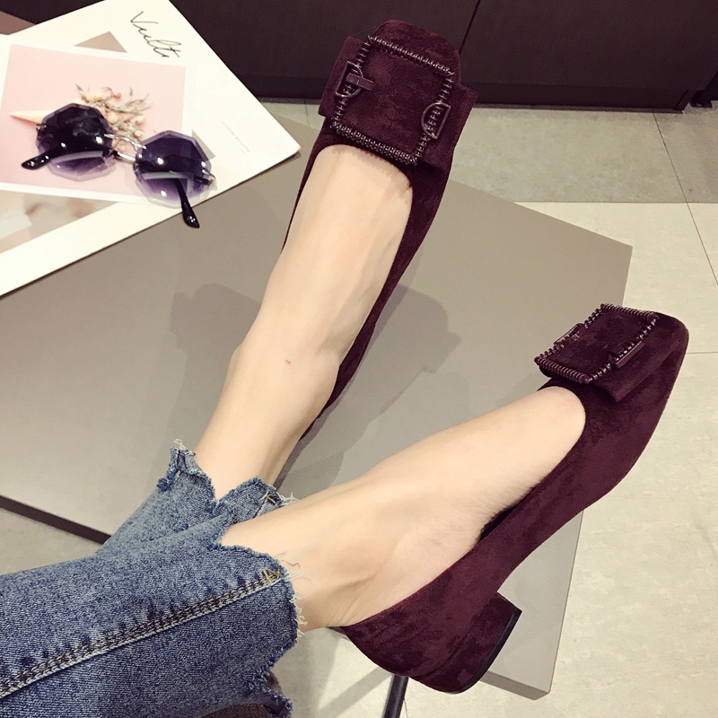 复古方头酒红色女鞋百搭低名媛