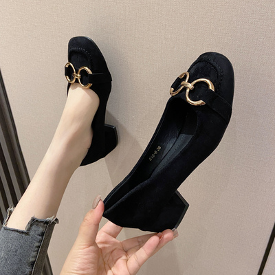 女鞋春秋百搭小众设计感复古搭扣粗跟单鞋女舒适中跟上班工作鞋子