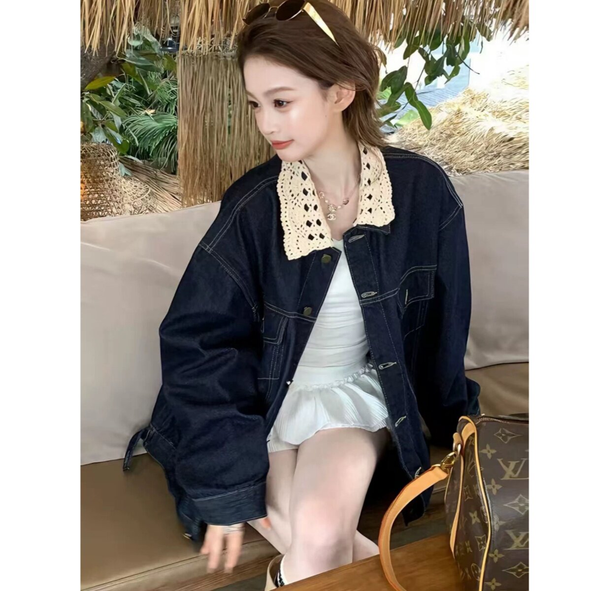 复古拼接蕾丝设计牛仔外套女款2025春秋穿搭宽松百搭休闲夹克上衣