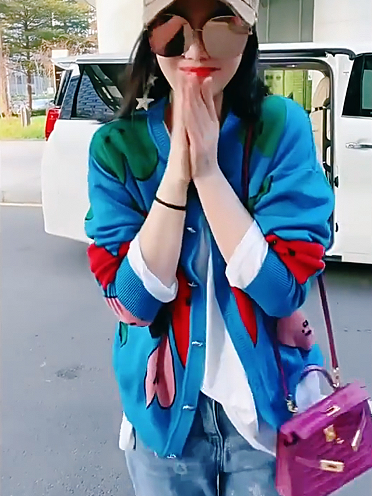 针织上衣短外套印花开衫套装女