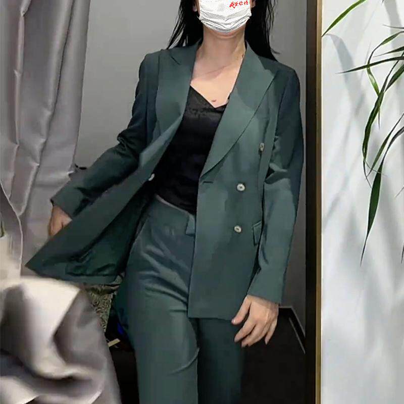 时尚女神范秋款双排扣墨绿色修身气质轻奢职业总裁高定西装套装女