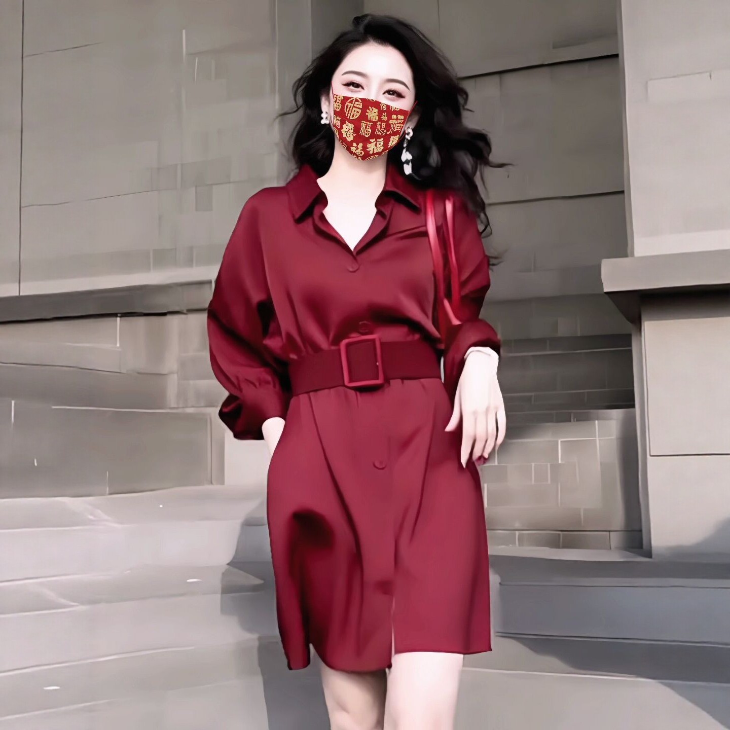 法式复古港风收腰衬衫连衣裙