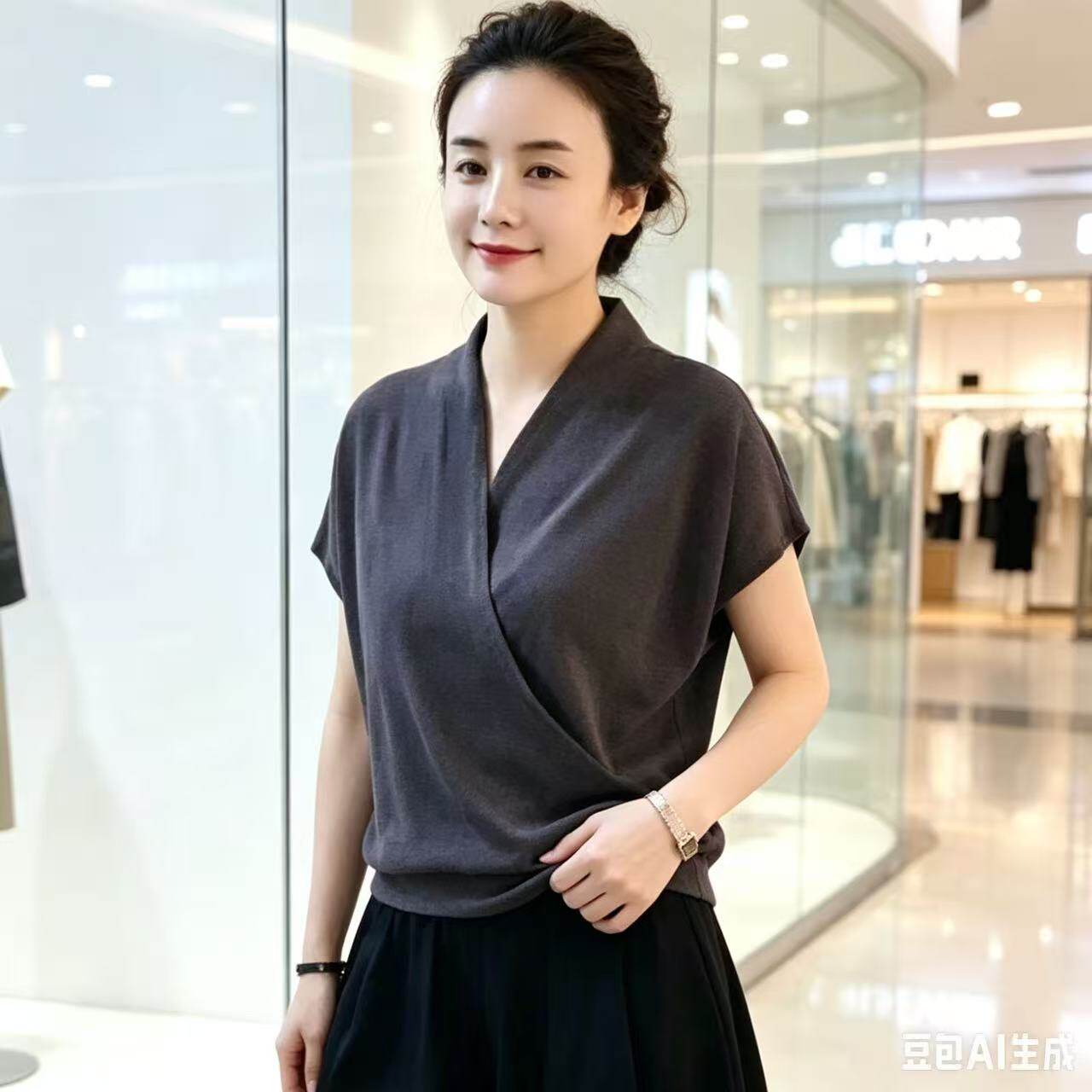 韩系温柔风V领短袖垂感薄款简约气质通勤收褶宽松遮肉百搭纯色T恤