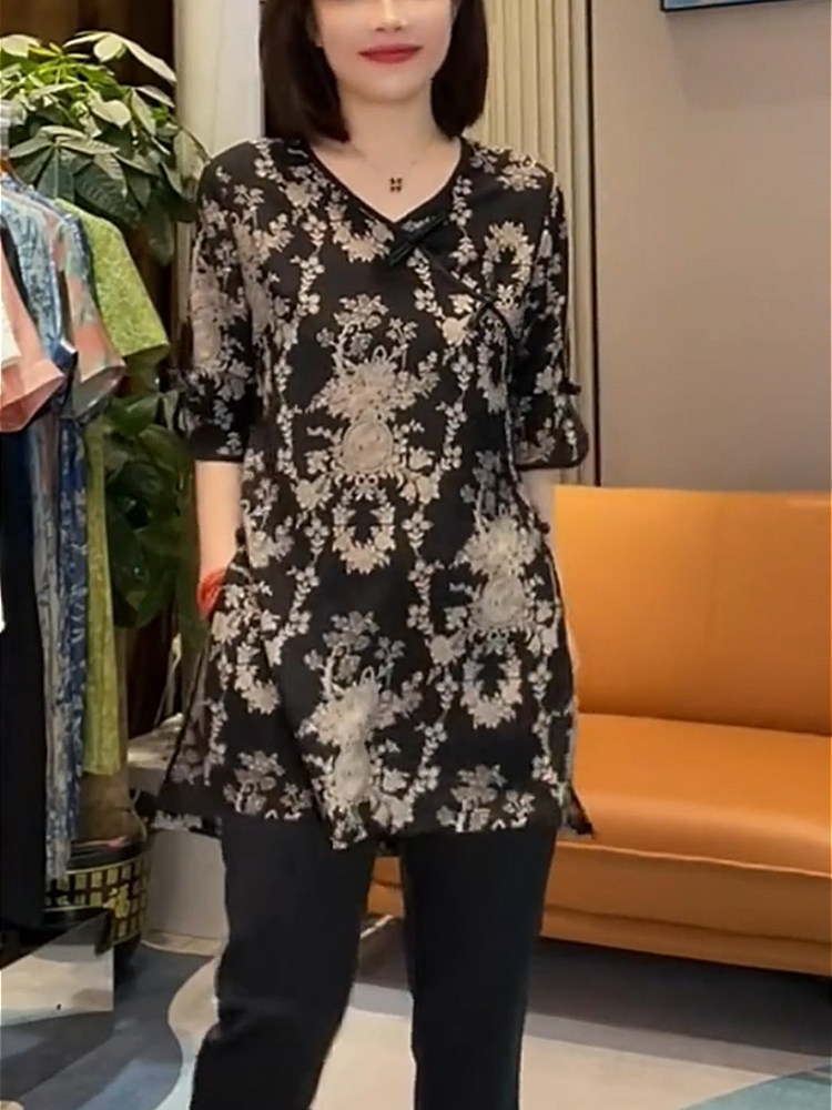 气质v领显瘦不规则复古盘扣花色
