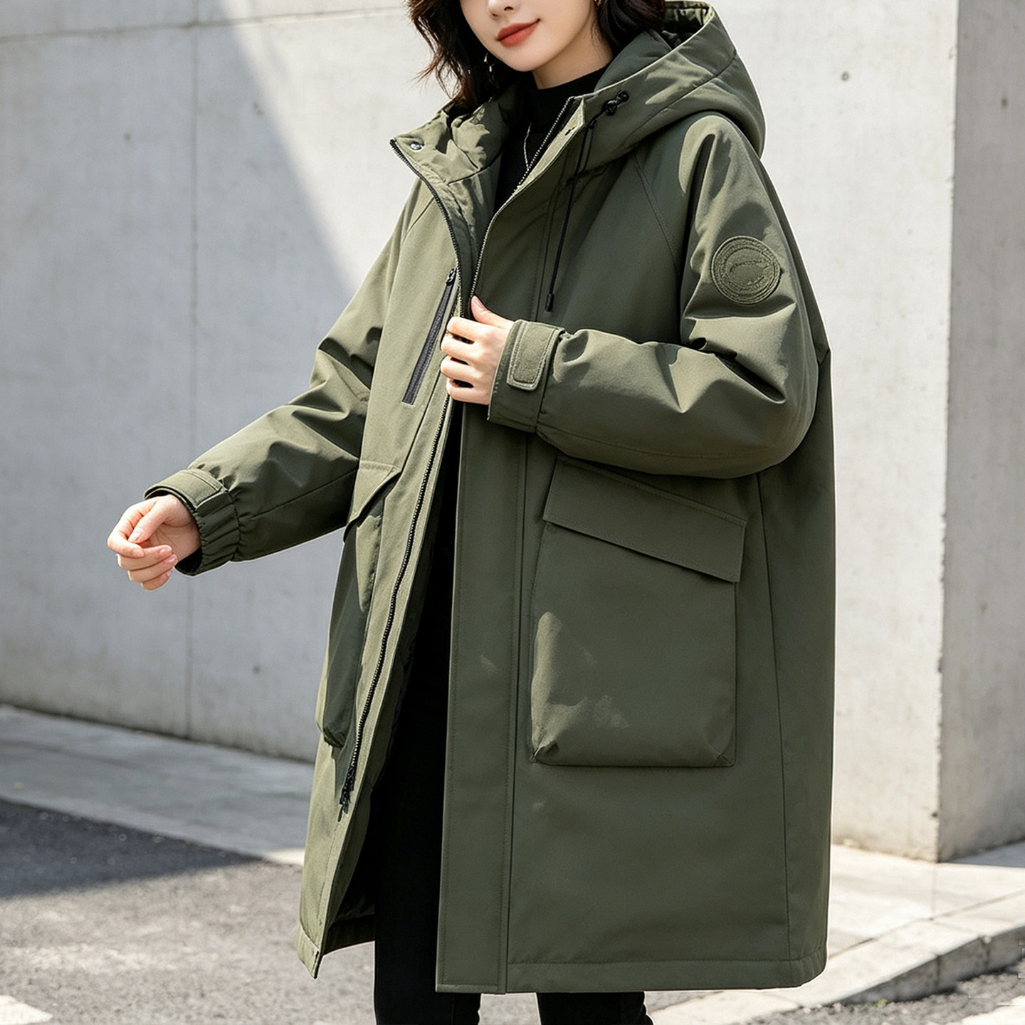 工装连帽中长加厚军绿羽绒服