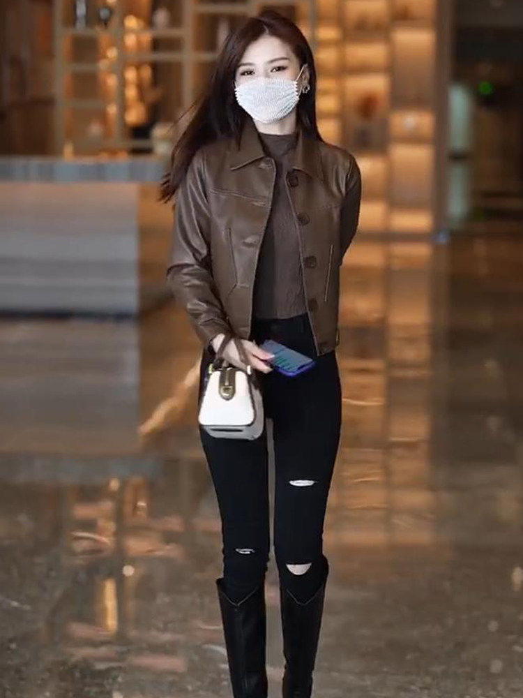 杭璐时尚翻领PU皮衣女
