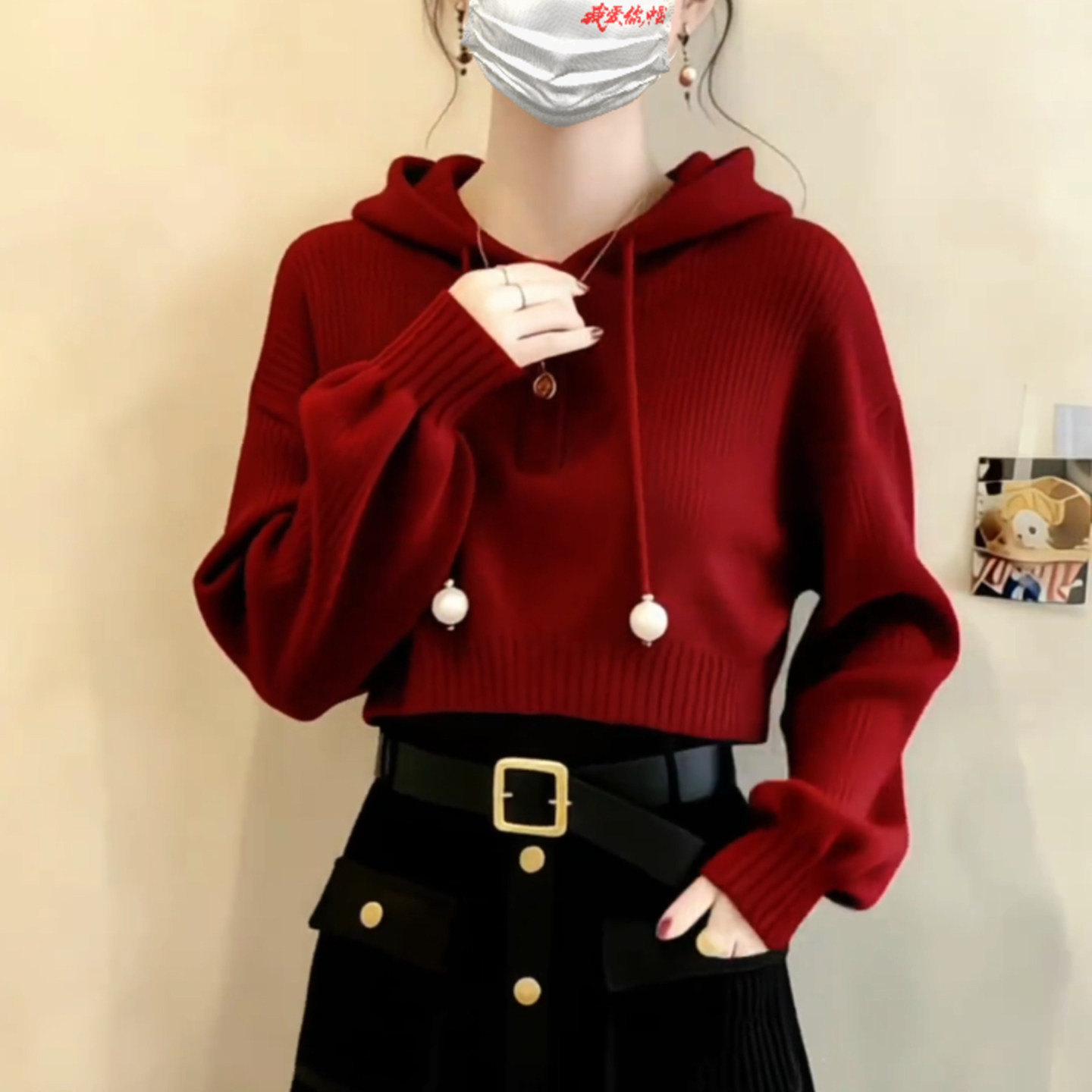 2026春秋新款红色连帽针织毛衣女