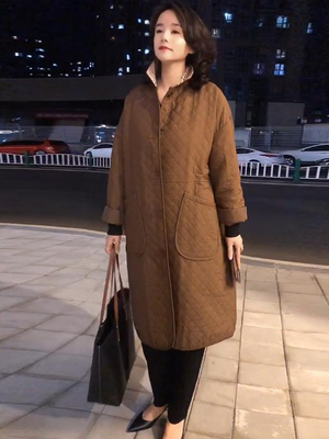 秋冬棕色立领薄款中长款长袖棉服