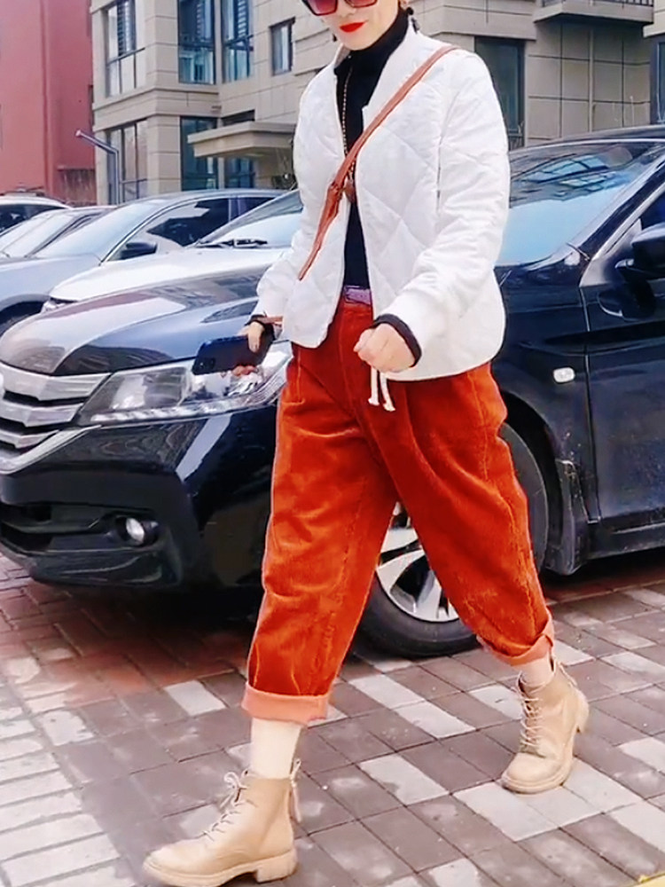 菱形格薄棉服短款女外套
