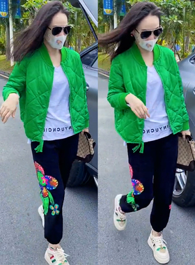 绿色棉衣外套抖音欣雨原创服饰同款春秋冬新潮白色内搭黑色裤子