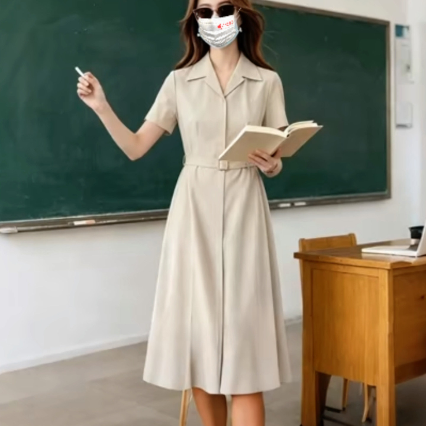 教资面试西装领连衣裙女夏季气质小个子法式修身衬衫裙短袖收腰裙