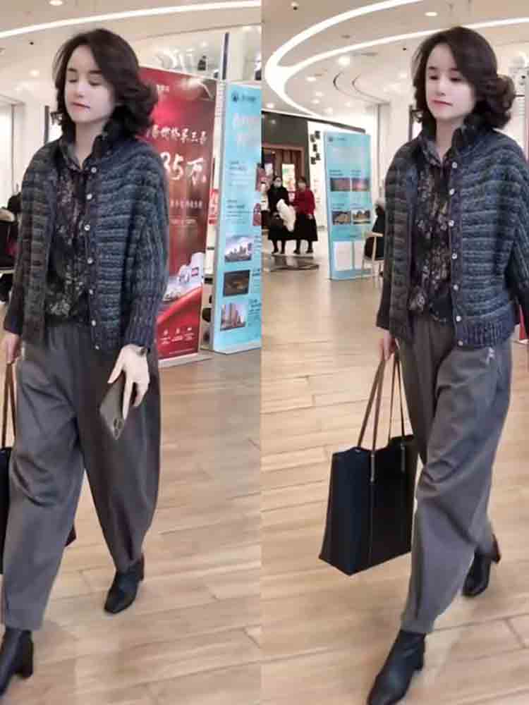 显瘦灰色针织开衫裤子花色衬衫