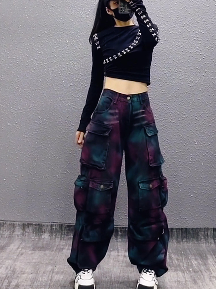 炫酷彩绘多口袋工装牛仔裤女