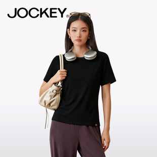 jockey夏款女山羊绒T恤轻奢简约黑色高级感上衣纯色白搭打底短袖