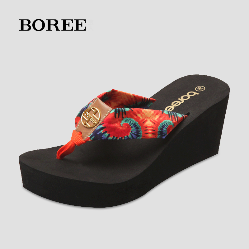 Boree/宝人拖鞋女2024夏季新款小个子女生高跟坡跟厚底外穿人字拖
