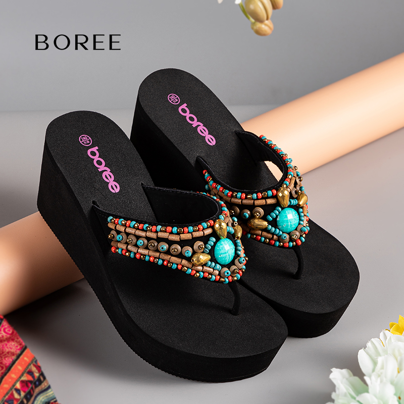 宝人拖鞋外穿夹脚人字拖女夏新款厚底坡跟增高民族风海边沙滩凉拖