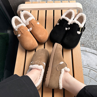 宝人包头棉拖2025冬季新款加绒保暖棉鞋女复古女鞋休闲百搭勃肯鞋