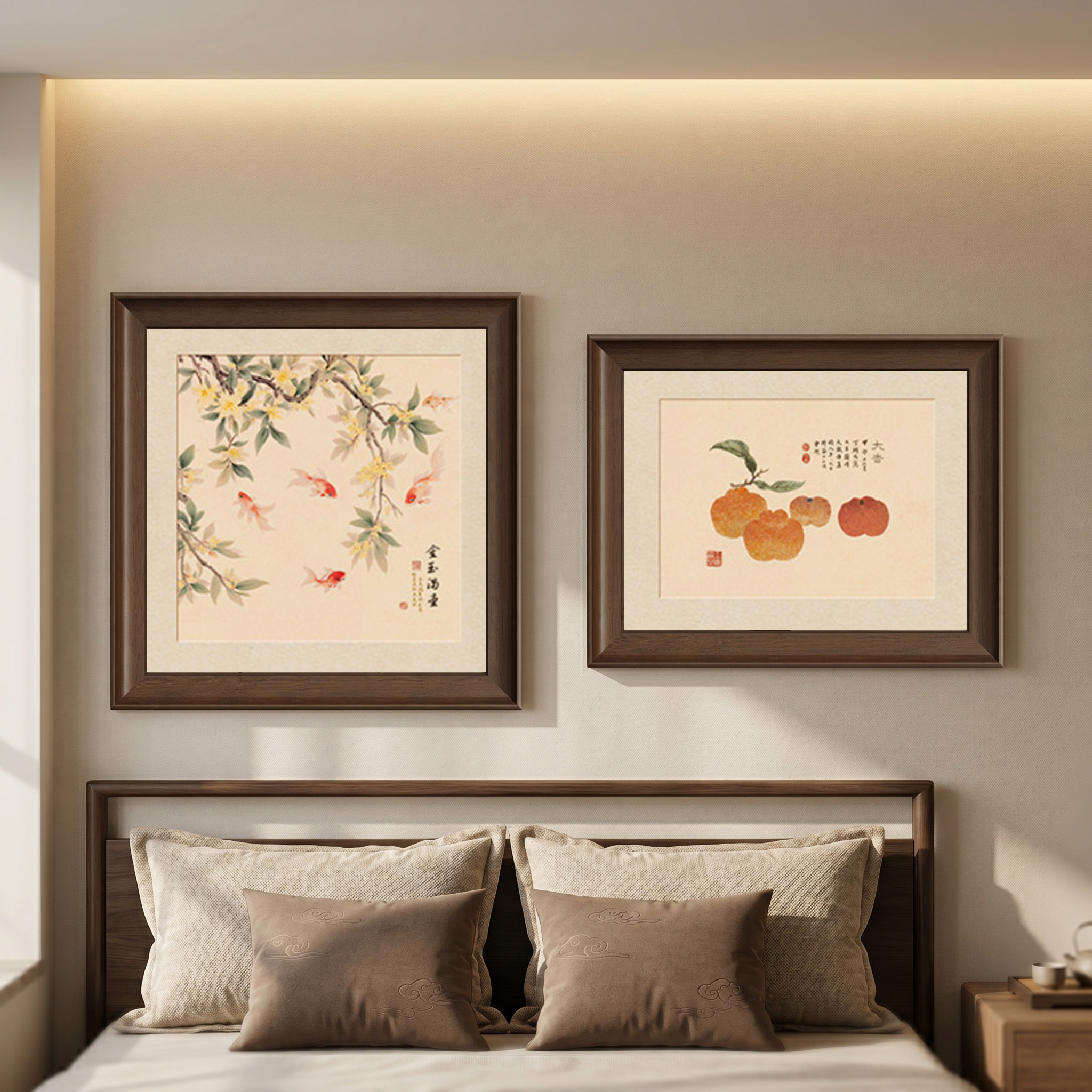 锦鲤图宋氏美学卧室装饰画新中式主卧床头挂画组合壁画柿子寓意好图片