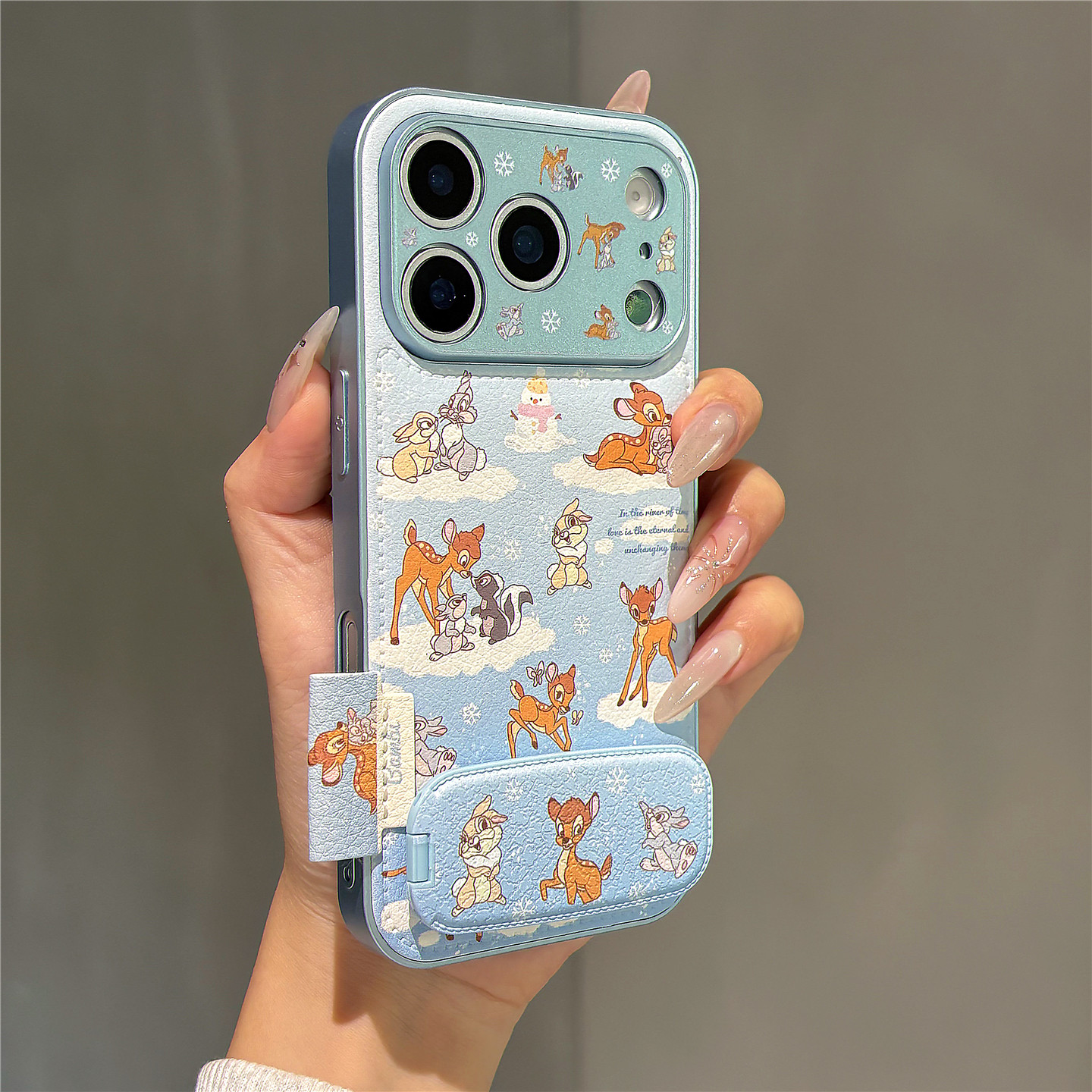 小清新蓝色卡通小鹿斑比适用苹果17promax手机壳iphone17pro大视窗16pro折叠支架15女新款14皮纹13防摔保护套