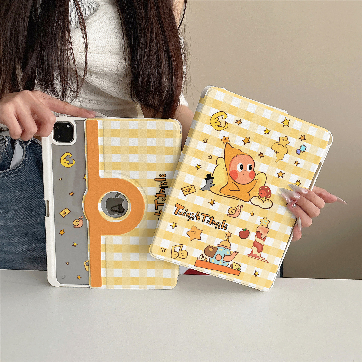 格纹卡通星星人360度旋转适用ipad11保护套磁吸air7/6新款ipad10带笔槽11寸防摔可拆卸苹果平板保护套mini7女