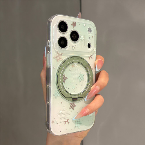 小清新薄荷绿棕格纹五角星360旋转支架适用苹果17promax手机壳iPhone17pro女新款16pro亚克力15pro防摔保护套