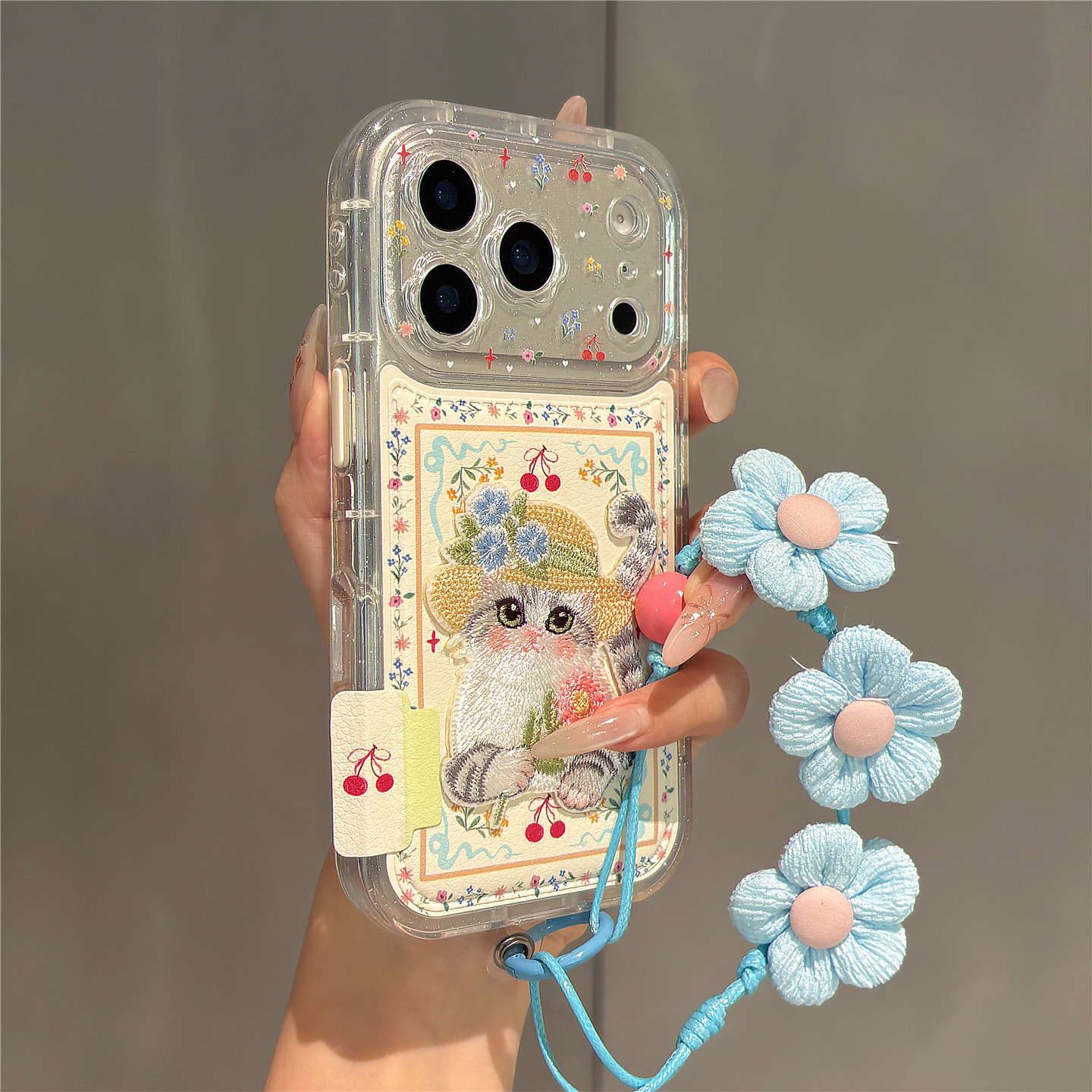 韩系卡通可爱刺绣樱桃猫咪适用苹果17promax手机壳iPhon