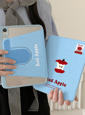 蓝色泼墨卡通红苹果360度旋转适用ipad11保护壳air7新款ipad10带笔槽air6防摔11寸苹果平板保护套10.9女mini7