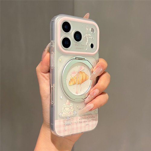 韩系蝴蝶结牛角包蛋糕适用苹果17promax手机壳iphone17pro折叠旋转支架16pro新款15亚克力14防摔13保护套女款