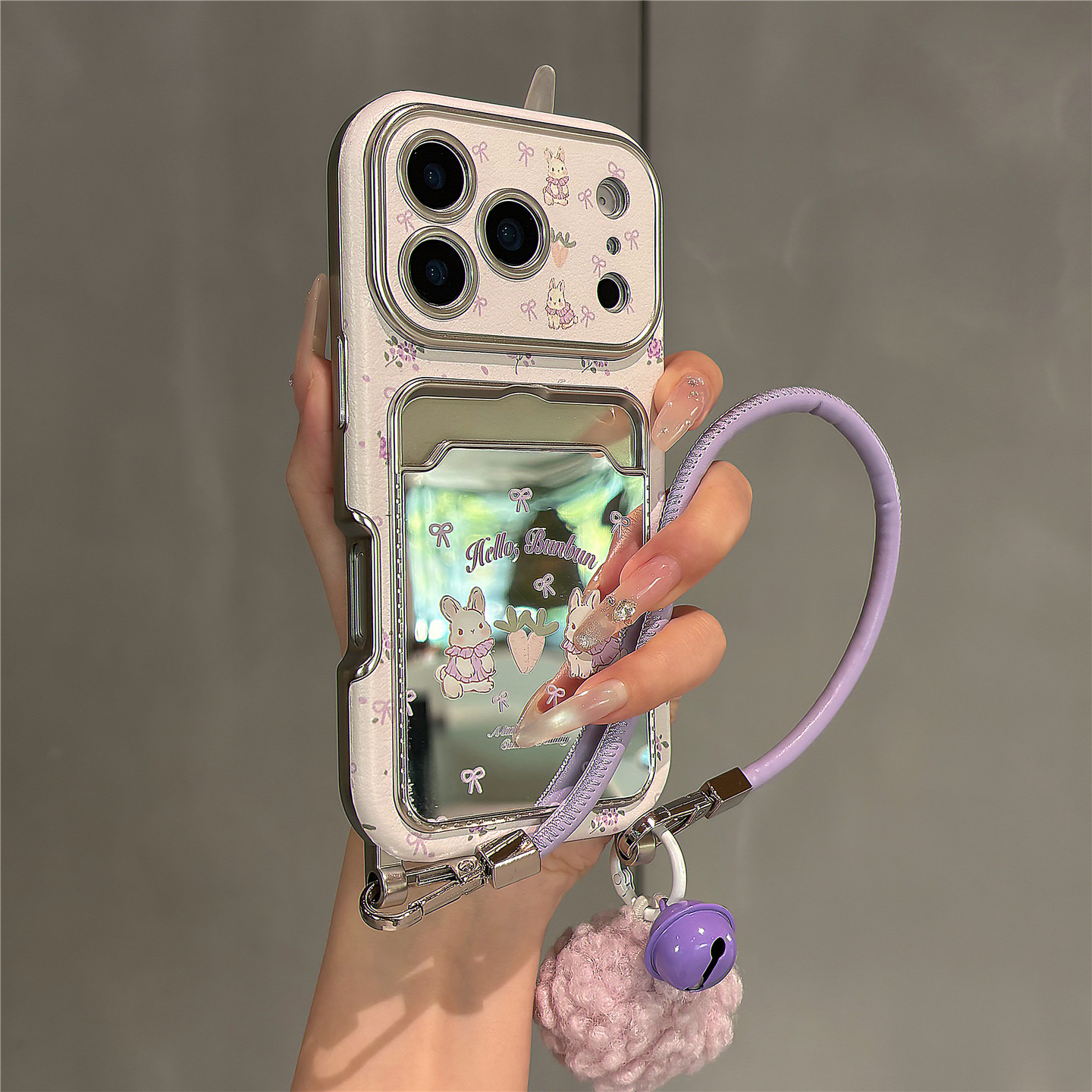 早春蝴蝶结兔子镜面卡包插卡适用苹果17promax手机壳iPho