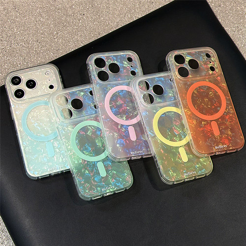 夏日彩色多巴胺晕染贝壳纹磁吸适用苹果17promax手机壳iPhone17pro女新款16pro网红超火15防摔14保护套超好看