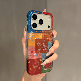 复古红棕拼接新年卡通小马适用苹果17promax手机壳iPhone17pro双层壳16pro亚克力15全包防摔14女新款13保护套